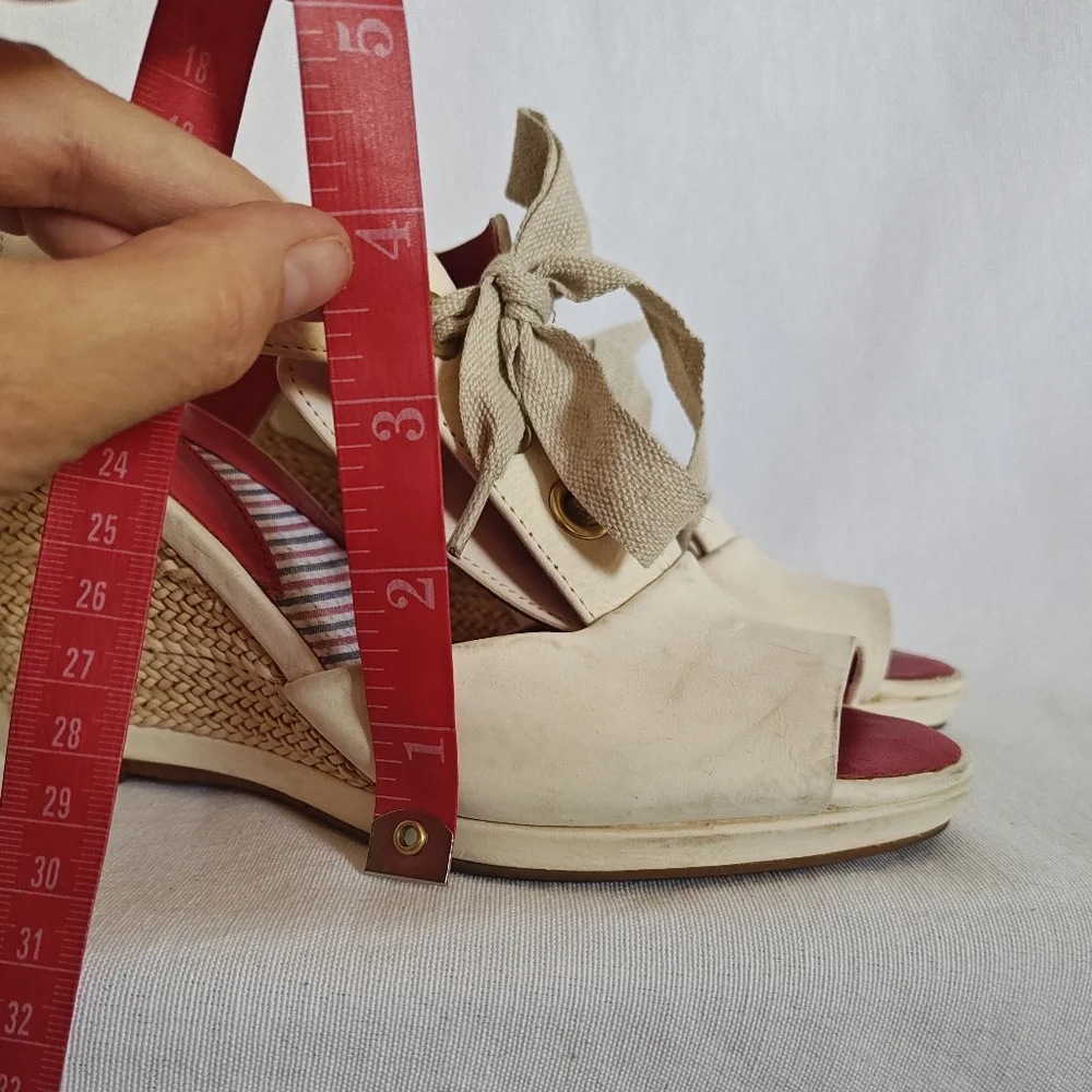 Johnston & Murphy Wedge Sandals Lace Up Espadrilles Cream 6.5 Leather‎ Natural